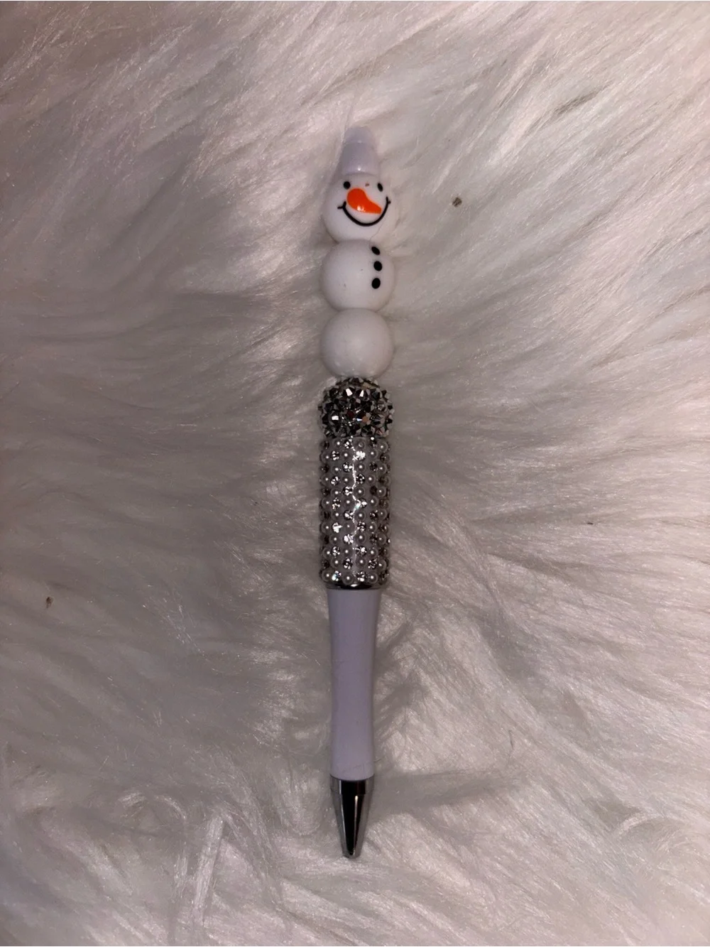 Snowman Beaded Kids Pen with Silver Rhinestones